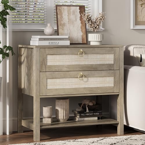 Xixini Rattan Nightstand with 2 Drawers and Open Shelf, 27" Wide Boho Bedside Table with Brass Knobs, Mid-Century Modern Wooden End Table for Bedroom, Grey - color: Grey
