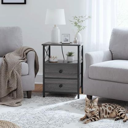 AMHANCIBLE Nightstands Set of 2, Large Night Stand with Charging Station | Bedside Table with 2 Fabric Drawers, End Side Tables Living Room, with Open Shelf, USB Ports Outlets, for Bedroom, Dark Grey - color: Dark Grey