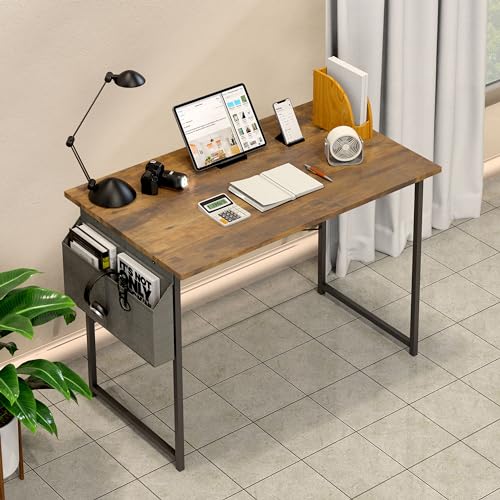 Small Space Writing Desk with Headphone Hooks, Modern Simple Design, Suitable for Study, Home Office and Living Room - color: Brown, size: 40 Inch