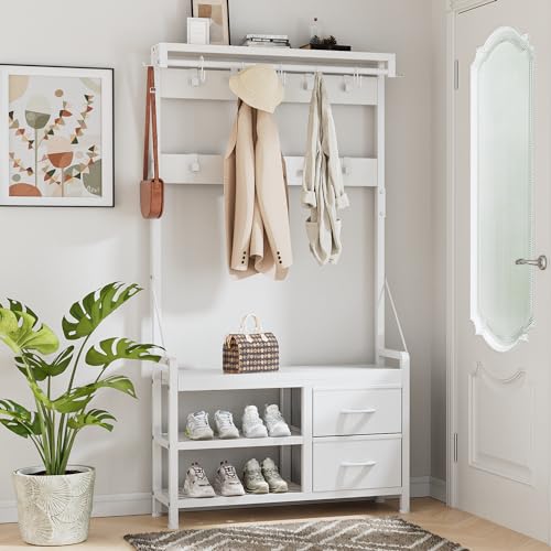 Lulive Hall Tree with Bench and Shoe Storage, 31.5” Coat Rack Freestanding | White, 5 in 1 Intelligent Design, 17 Hooks, 2 Drawers, Handy Clothes Rail - color: White, size: 11.8"D x 31.5"W x 70.9"H