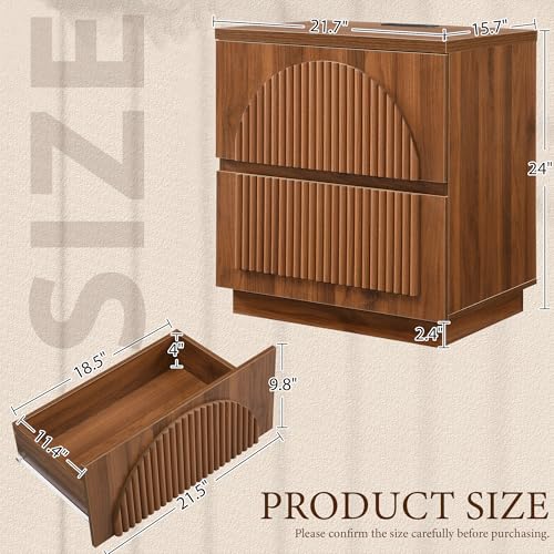 Fluted Nightstand with Charging Station, 2 Drawers, Walnut | Fluted nightstand with charging station, 2 drawers, arched fronts and a curved base - size: 1PCS