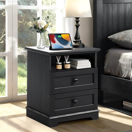 20" Modern Nightstand with Charging Outlets 2 Drawers Open Shelf Black | Built-in charging: 2 AC outlets, 2 USB-A & Type-C, 2 drawers + open shelf, sleek modern design for bedroom/office - color: Black, size: 15"D x 20"W x 24"H (2 Drawers)