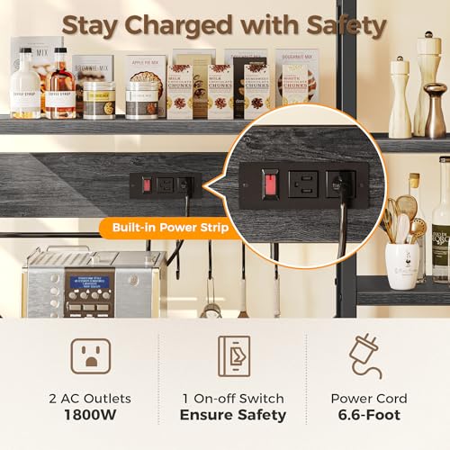 SUPERJARE Large Bakers Rack with Power Outlets, 6-Tier Microwave Stand, Coffee Bar with 12 S-Shaped Hooks, Kitchen Shelf with Wire Basket, 39.4 x 14.6 x 66.9 Inches, Charcoal Gray - color: Charcoal Gray, size: 39.4inch