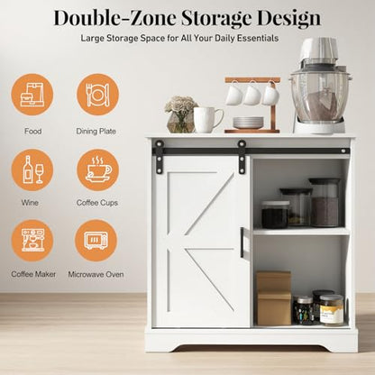 Panana Sliding Barn Door Buffet Sideboard Storage Cabinet Coffee Bar Kitchen Farmhouse Style (White) - color: White