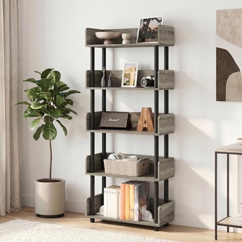 5-Tier Storage Shelves with Rounded Corner Top Edges, Open Shelves Book Shelf with Side Panels, Display Shelf for Organization and Storage, Home Office, Living Room, French Oak - color: French Oak/Black, size: 5 Tier
