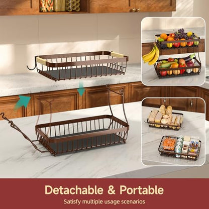 Sevenblue 2-Tier Fruit Basket with Banana Hangers, Detachable Metal Bowl | Wooden handle, protective mats included. Versatile holder for bread, snacks, and veggies. Extra Large 2 tier metal design. - color: Brown, size: 2 Tier Extra Large