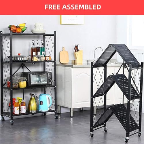 Kitchen Garage Metal Shelves, Storage Shelves Organizer, Foldable Metal Shelving, Closet Shelving Unit, 28" W x 14" D x 50" H Bakers Rack Microwave Stand, Plant Stand with Wheels (4-Tier Shelf) - color: 4-tier Shelf