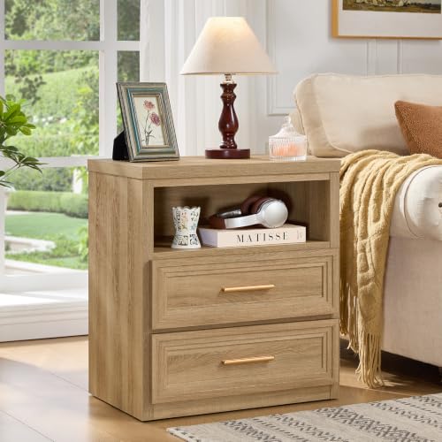 RWYHG 24'' Wide Farmhouse Night Stand with 2 Drawers,Wood Nightstand | Modern End Table Open Storage Shelf, Metal Handle, Mid-Century Bed Side Table for Bedroom, Living Room,Oak - color: Oak