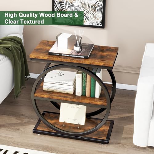 IBUYKE Narrow End Table with 3 Storage Shelves, Industrial Sofa Side Table, Double Round Metal Frames, Slim Nightstand and Bedside Table for Bedroom, Living Room, Rustic Brown UTMJ418H - color: Rustic Brown
