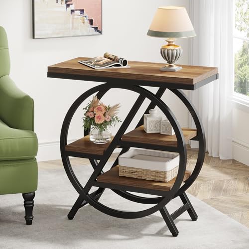 Tribesigns End Table for Living Room, 3-Tier Narrow Side Table with Storage, Wood Sofa Side Table with Geometric Metal Frame, Industrial Nightstand and Bedside Table for Bedroom, Light Brown - color: Light Brown