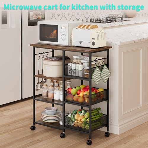 HapiRm Rolling Kitchen Carts with Storage - Microwave Table Stand with 6 Hooks & 3 Baskets, kitchen Island Cart on Lockable Wheels, 28.3" L × 14.6" W Bakers Rack Cart for Dining Room Coffee Bar Office - color: Brown