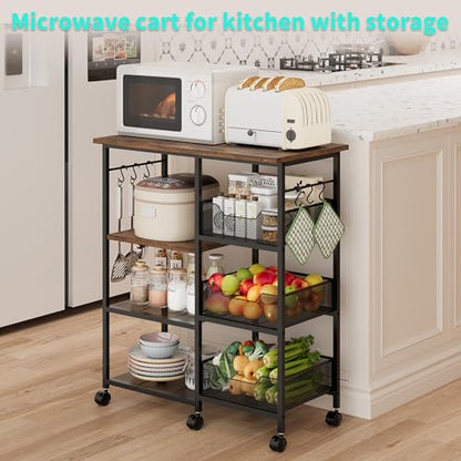 HapiRm Rolling Kitchen Carts with Storage - Microwave Table Stand with 6 Hooks & 3 Baskets, kitchen Island Cart on Lockable Wheels, 28.3" L × 14.6" W Bakers Rack Cart for Dining Room Coffee Bar Office - color: Brown
