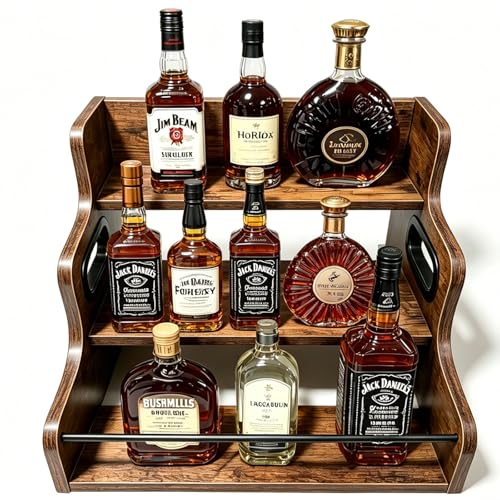 3-Tier Rustic Liquor & Wine Rack, Countertop Shelf with Guardrail & Handles for Home Bar
