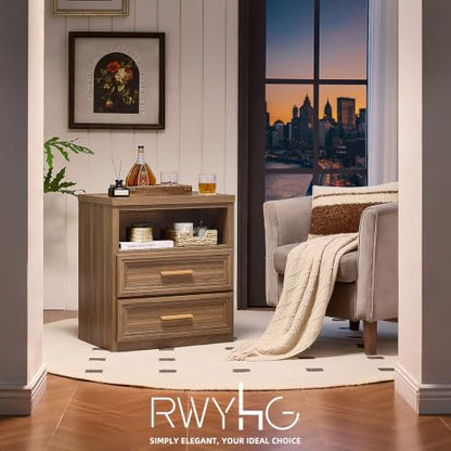 RWYHG 24'' Wide Farmhouse Night Stand with 2 Drawers,Wood Nightstand | Modern End Table Open Storage Shelf, Metal Handle, Mid-Century Bed Side Table for Bedroom, Living Room, Light Walnut - color: Light Walnut