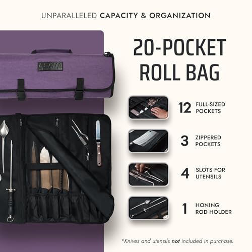 Asaya Waxed Nylon Chef Knife Roll Bag with 20 Slots and Zippered Pockets - Professional Chef Knife Bag & Storage Case, Tool Carrier with Shoulder Strap - Knives Not Included (Purple) - color: purple