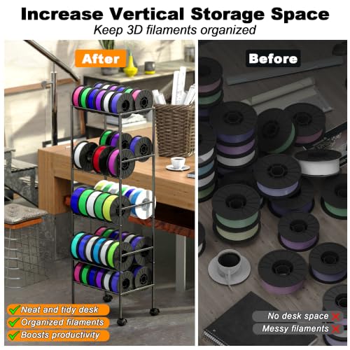 3D Printer Filament Storage Rack with Wheels, 5-Tier Rolling Spool Holder Stand Cart, Holds up to 60x1kg Spools, Heavy Duty Metal Filaments Organizer Shelf for Printing Studio Office Workshop