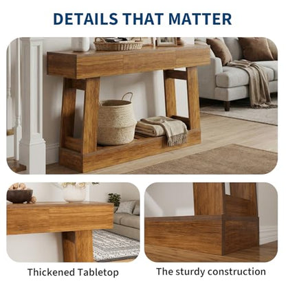 60" Farmhouse-Style Entryway Table with Drawers, Two-Tier Storage Design with Includes Drawers and Open Shelves, Sturdy Wooden Frame, Easy to Clean, Perfect for Entryways, Hallways, and Living Rooms