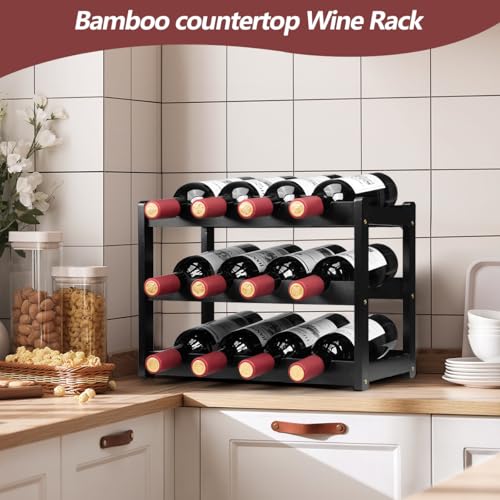 Bamboo Wine Rack, Sturdy and Durable Wine Storage Cabinet Shelf, Wine Racks Countertop for Pantry - 3 Tiers 12 Bottle Wine Rack, Black - color: 3 Tier Black