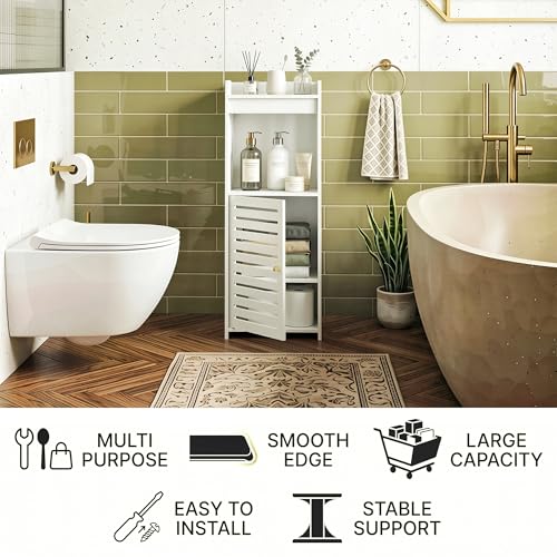 4-Tier Narrow Bathroom Cabinet, 9.8" W X 29.5" H | White PVC Material, Rack, Holder, Fits Small Spaces, for Toilet Side, Laundry Room, Kitchen, Easy Assembly - size: 7.9"D x 9.8"W x 29.5"H