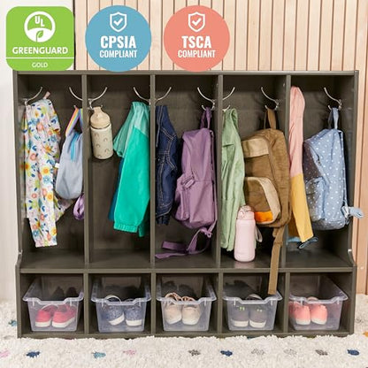 ECR4Kids Streamline 5-Section Coat Locker with Bench and Scoop Front Storage Bins, Toddler Size, Grey Wash, Kids Furniture, Clear