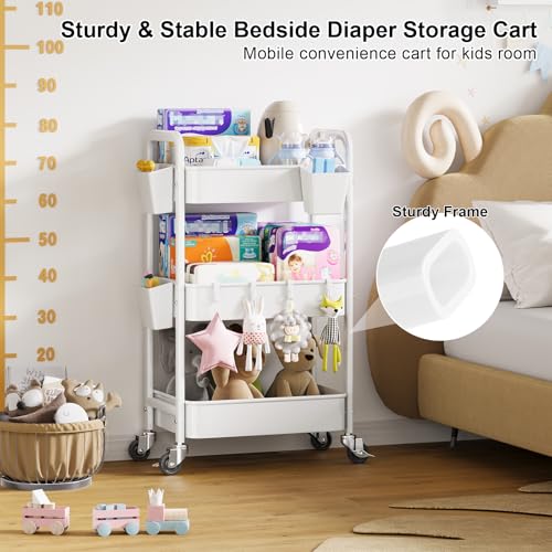 3 Tier Rolling Cart with Wheels, Metal Utility Storage Cart on Wheels, Craft Carts Organizer with Hanging Cups, Hooks, Three Tiered Rolling Carts for Bathroom, Laundry Room, Nursery, Office, White - color: White