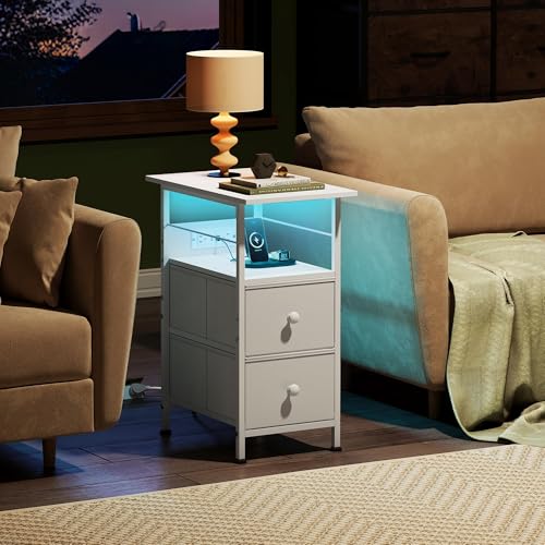 WLIVE Nightstand Set of 2 with Charging Station, End Table Sets with LED Lights, 2 Fabric Drawers and Open Shelf, Bed Side Tables Living Room, Small Space, Night Stand for Bedroom，White - color: White, size: 2 Drawers