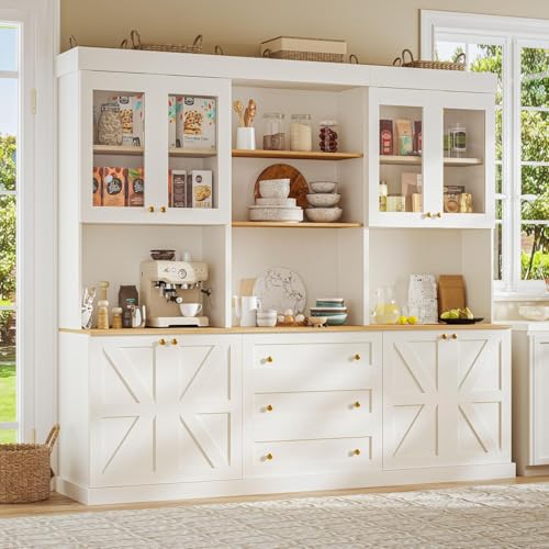 ivaniti 71" Farmhouse Kitchen Pantry Cabinet Set of 3, White Freestanding Coffee Bar Hutch with Glass Doors, Drawers & Adjustable Shelves, Large Storage Cabinet with Microwave Stand for Kitchen - color: White, size: 2A+B