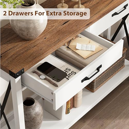 Klaesio 31-inch Side Table Suitable for Entrances, Hallways, and Living Rooms Two-Tier Narrow Sofa Side Table Industrial-Style Entrance Table with Drawers and Open Storage Shelves - White + Brown - color: White