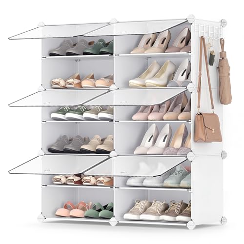 SONGMICS Shoe Rack Organizer, 6-Tier Shoe Storage Cabinet for Closet and Entryway, Holds 24 Pairs of Shoes, Adjustable, Cloud White and Transparent ULPC033W01 - color: Cloud White + Transparent, size: 6 Cubes