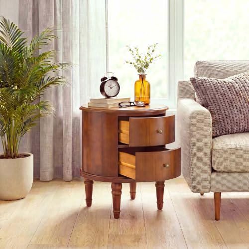 Round End Side Table with 2 Storage Drawers Set of 2, Sofa Beside Tables for Living Room, No-Tools Assembly, Nightstand with Carved Wood Legs for Bedroom, 17.7" Dia x 20.1" H Honey Amber YBG-B5598-MG - style: Round End Table Set of 2