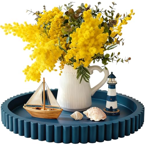 Handmade 12in Decorative Tray for Coffee Table Tray Decor, Blue Wooden Decorative Round Tray for Kitchen, Living Room, Home Decor - color: Blue