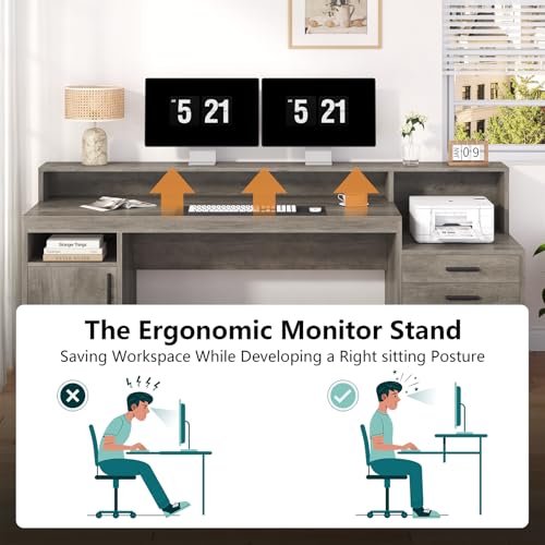 YOMILUVE Executive Computer Desk with 3 Drawers & Storage Shelves, 65 Inch Home Office Desk with File Drawer & Cabinet, Writing Study Desks with Monitor Stand & Printer Shelf, Executive Desk, Grey - color: Grey
