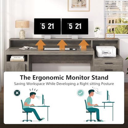 YOMILUVE Executive Computer Desk with 3 Drawers & Storage Shelves, 65 Inch Home Office Desk with File Drawer & Cabinet, Writing Study Desks with Monitor Stand & Printer Shelf, Executive Desk, Grey - color: Grey