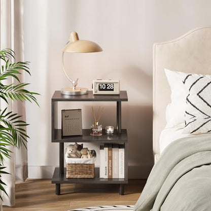 Apicizon S-Shaped Side Table, 3-Tier Nightstand with Solid Wood Legs, Slim Bedside Table with Storage Shelf, Modern End Table for Small Spaces, Bedroom, Living Room, Entryway, Black - color: Black