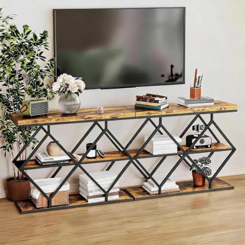 Garvee 3 Tier Console Table,39" Industrial Entryway Table,Open Wood Shelves | Sofa Table,Narrow Wood Accent Tables with Metal Frame for Hallway,Living Room,Behind Couch,Foyer,Entrance,Rustic Brown - color: Rustic Brown + Diamond-shaped