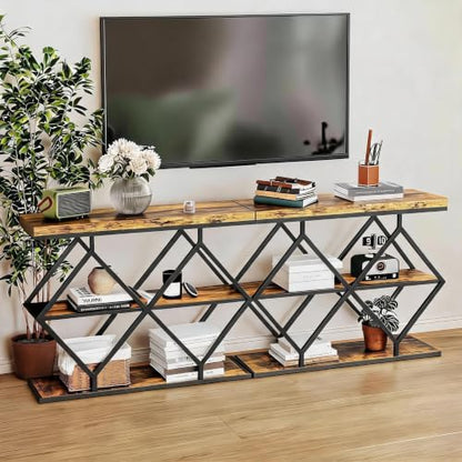 Garvee 3 Tier Console Table,39" Industrial Entryway Table,Open Wood Shelves | Sofa Table,Narrow Wood Accent Tables with Metal Frame for Hallway,Living Room,Behind Couch,Foyer,Entrance,Rustic Brown - color: Rustic Brown + Diamond-shaped