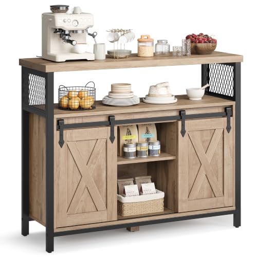 VASAGLE Buffet Cabinet, Coffee Bar Storage Cabinet, Sideboard with 2 Sliding Barn Doors, Adjustable Shelves, 13 x 39.4 x 31.5 Inches, for Living Room, Camel Brown and Ink Black ULSC092B50 - color: Camel Brown + Ink Black, size: 13"D x 39.4"W x 31.5"H, sty