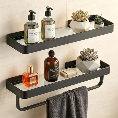 VOLPONE Bathroom Wall Shelf Black Glass Shelves 15.7in Bathroom Shelves with Towel bar Towel Shelf Wall Mounted 2 Tier - style: 2 tier with towel bar-black