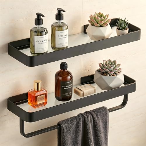 VOLPONE Bathroom Wall Shelf Black Glass Shelves 15.7in Bathroom Shelves with Towel bar Towel Shelf Wall Mounted 2 Tier - style: 2 tier with towel bar-black
