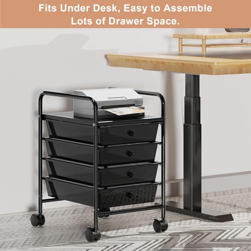 4-Tier Utility Cart with 4 Drawers, Rolling Utility Cart with 2 Lockable Caster Wheels, Multipurpose Mobile Rolling Drawer Cart for Office Bathroom Kitchen, Transparent Black - size: Black, 4-Tier