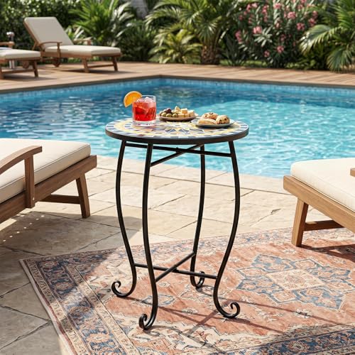 Giantex Outdoor Side Table, Bright Sunflower Mosaic Patio Accent Table, 14" Coffee End Table, Indoor Outdoor Metal Plant Stand for Porch Garden Balcony Desk, Metal Cobalt Glass Top - style: Bright Sunflower