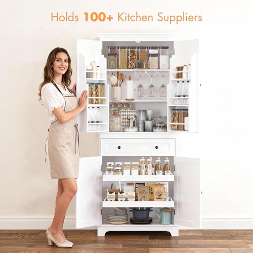 Spirich 71-Inch Tall Kitchen Pantry Cabinet with 2 Slide-Out Racks, White | Large Center Drawer, 6 Built-In Door Shelves, Stemware Rack, 1 Adjustable Shelf, Water-Based Finish, FSC-Certified Wood