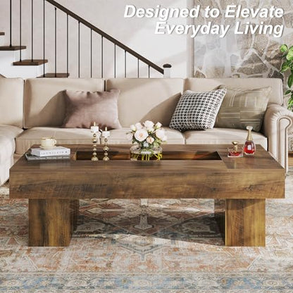 LVB Coffee Table, Modern Wood Led Living Room Table with Storage, Farmhouse Large Rectangle Center Table with LED Light, Unique Wide Low Tea Table for Living Room Home Office, 47.24 in, Rustic Oak - color: Rustic Oak