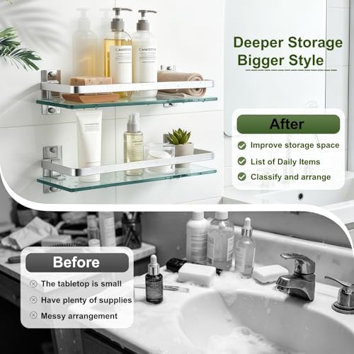 Bathroom Glass Shelf 15.7" Silver Wall-Mounted, Floating Metal Storage Rack | 2 Pack Aluminum Tempered Glass 0.3in Extra Thick Rectangular，Space-Saving Design - color: Silver 2 Pack