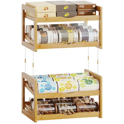 BAMBANG Can Organizer for Pantry, 4 Tier Stackable Bamboo Canned Food Storage Rack, Rolling Soda Can Dispenser Holds Up to 48 Cans, Detachable Can Organizer for Cabinet, Natural