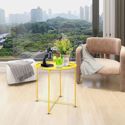 Garden 4 you Small Side Table, Round End Table, Outdoor Side Table with Metal Frame, Bedside Table for Living Room, Bedroom, Patio, Small Space, Yellow - color: Yellow