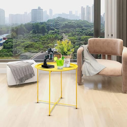 Garden 4 you Small Side Table, Round End Table, Outdoor Side Table with Metal Frame, Bedside Table for Living Room, Bedroom, Patio, Small Space, Yellow - color: Yellow