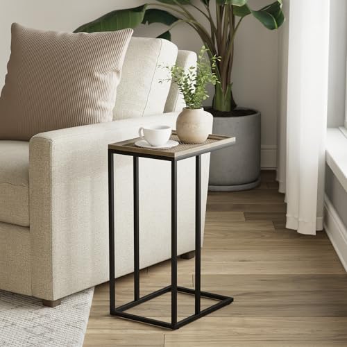 Farmhouse C Shaped End Table with Distressed Wood & Metal Woven Tray Top, Modern Slim Snack Side Table with Metal Base, Black - color: Black, style: Metal Woven