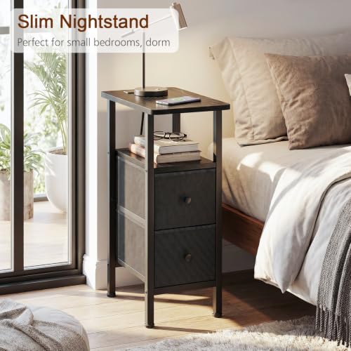 LOAKEKEL Narrow End Table with Charging Station, Side Tables Living Room | End Tables Living Room Set of 2, Skinny Nightstand with Fabric Drawers for Bedroom, Small Spaces, Black - color: Black, style: Power