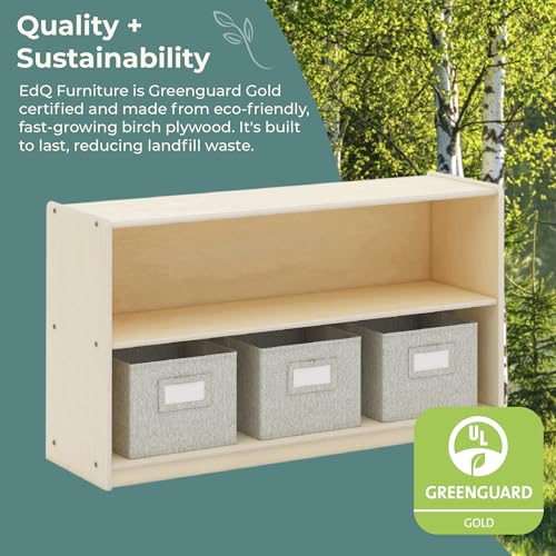 Guidecraft EdQ Two Shelf Open Storage 24'' Natural with 3 Fabric Bins: Wooden Multi-Purpose Bookcases and Toy Storage Organizer; Homeschool and Classroom Furniture - color: Natural